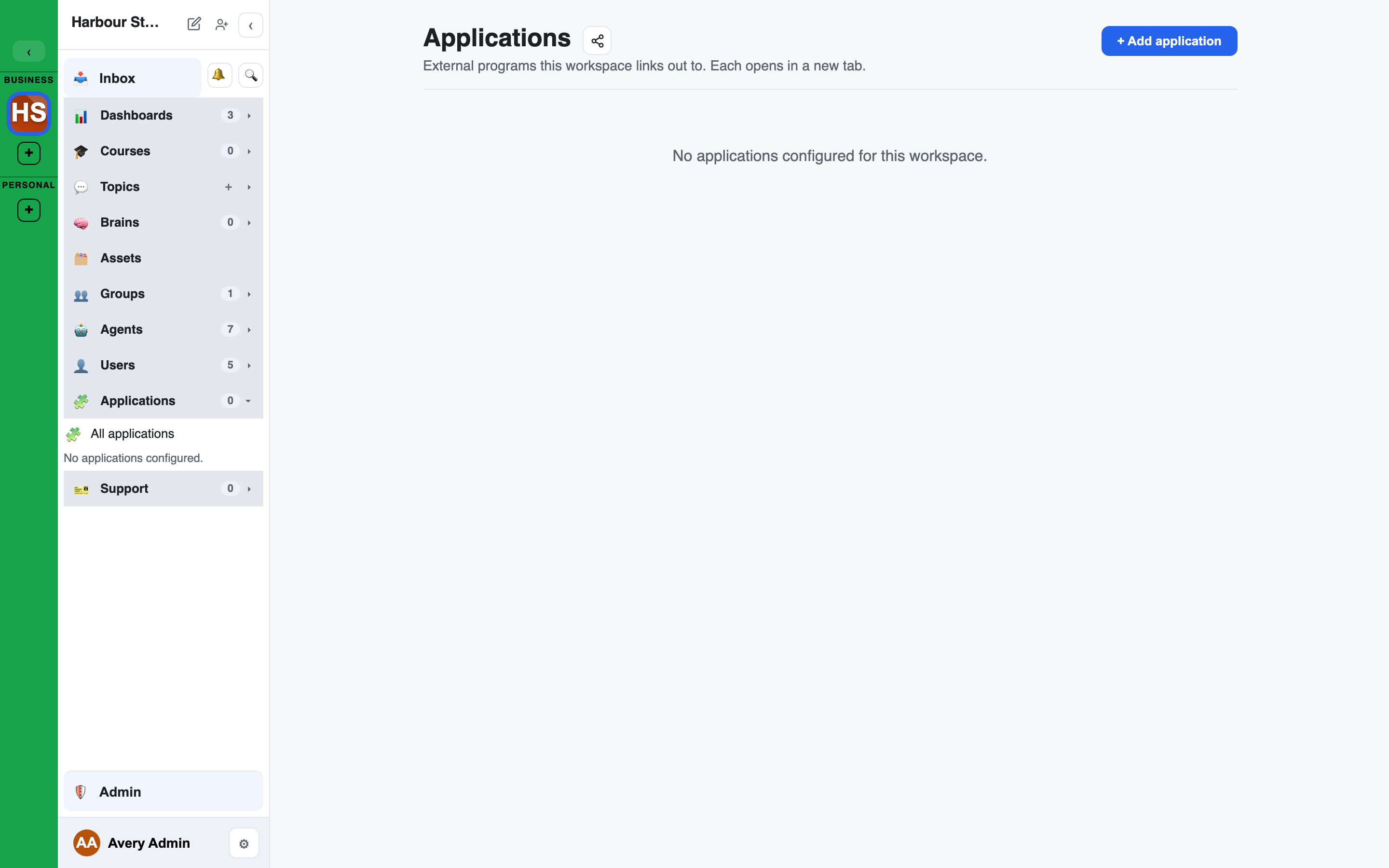 the Applications page with Add application and per-card controls