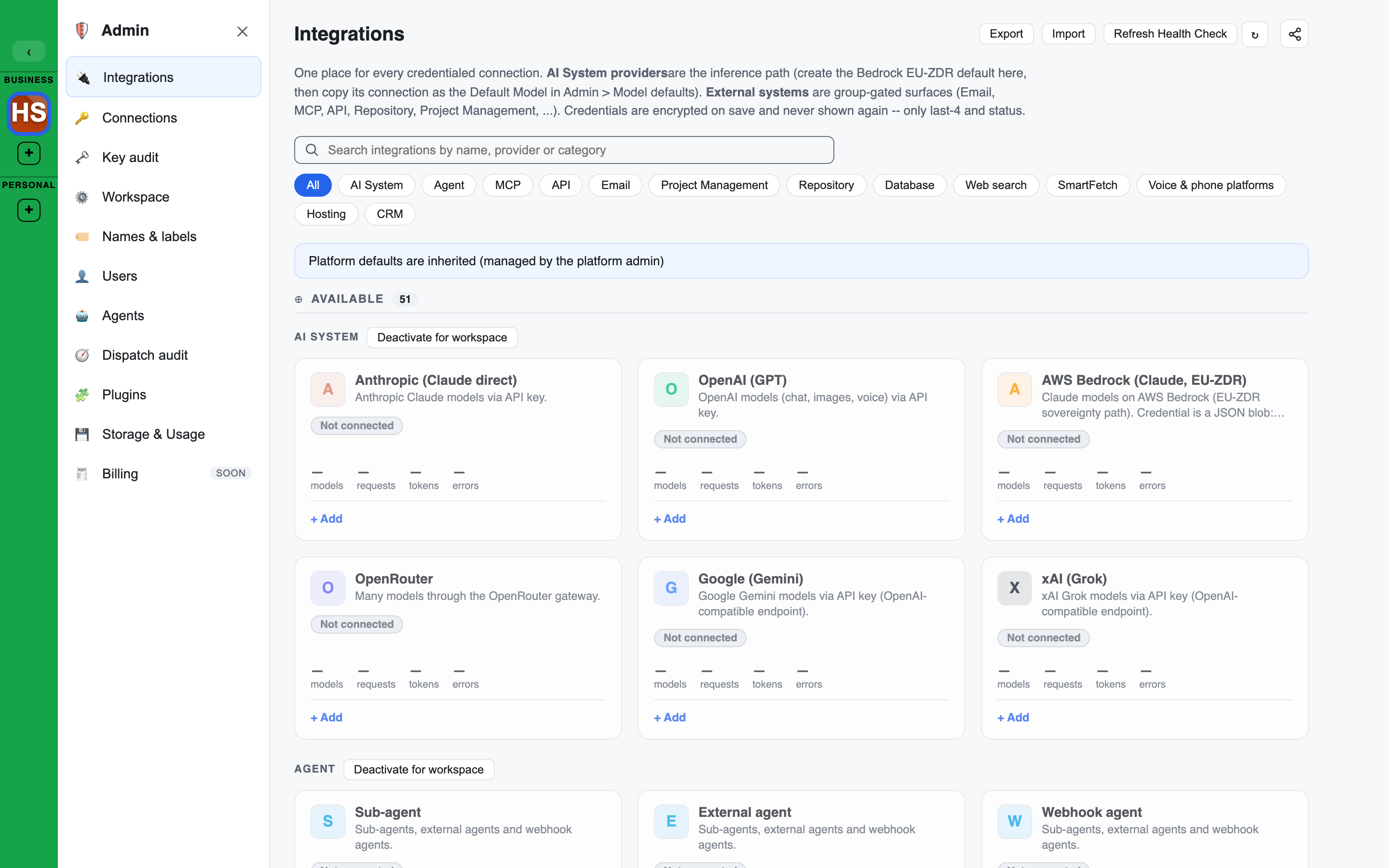 the Integrations tile catalogue in the Admin console
