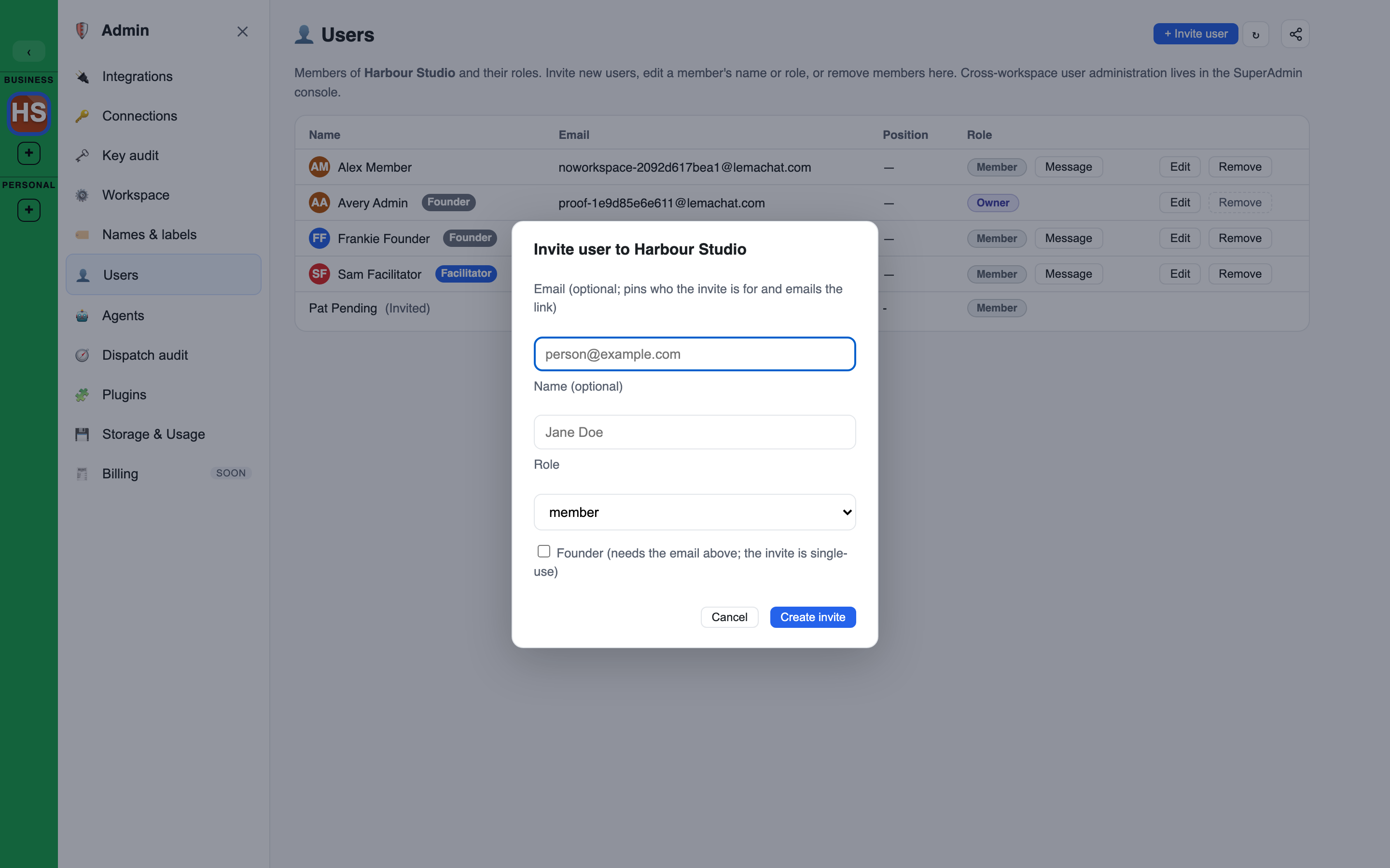 the multi-row invite dialog with pending invites listed