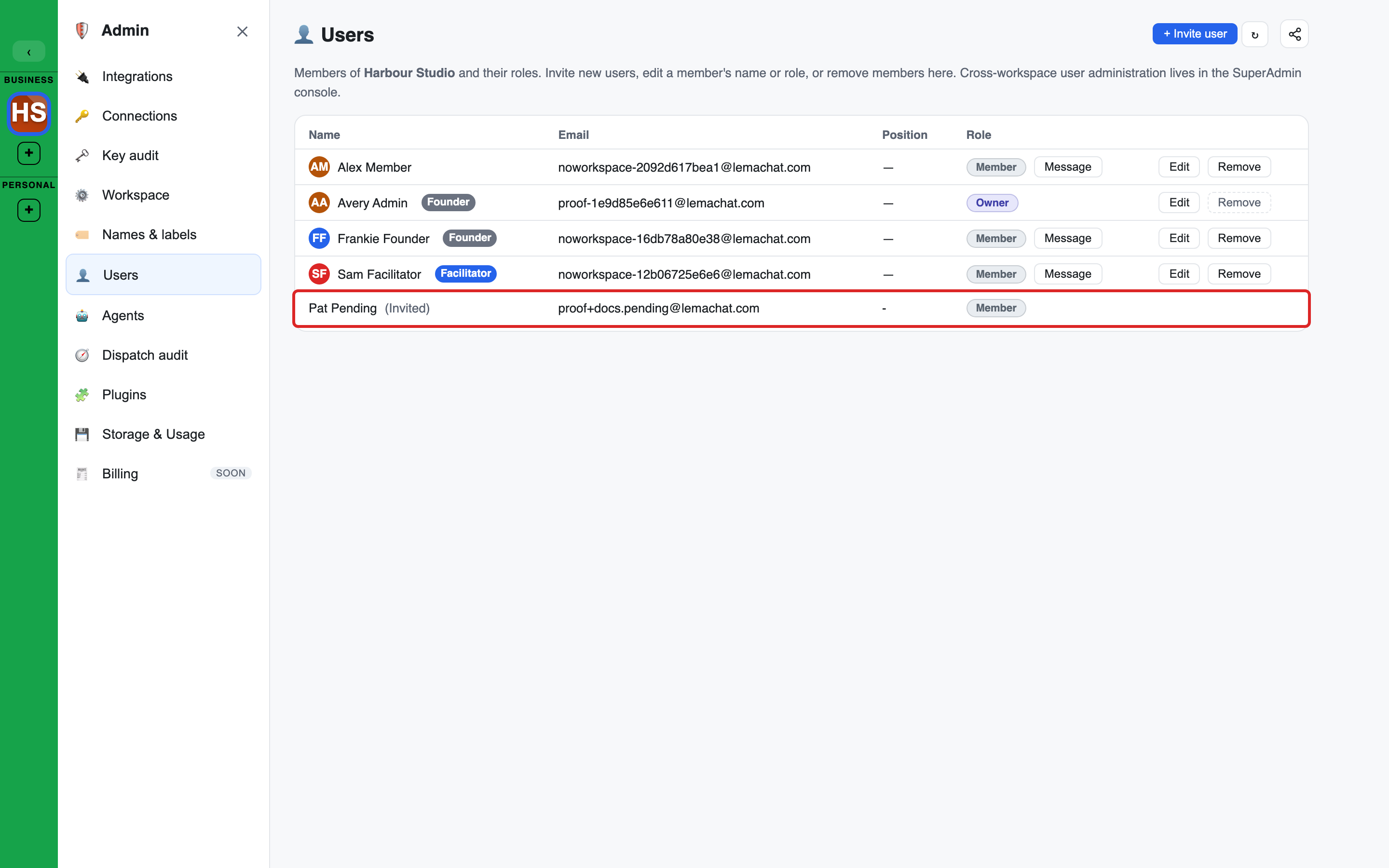 The Users page with a pending invite