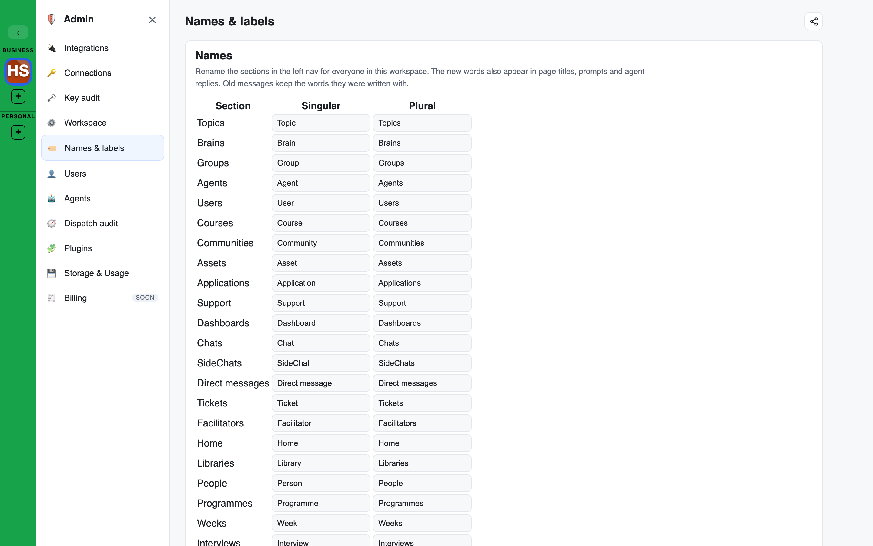 The Names & labels editor