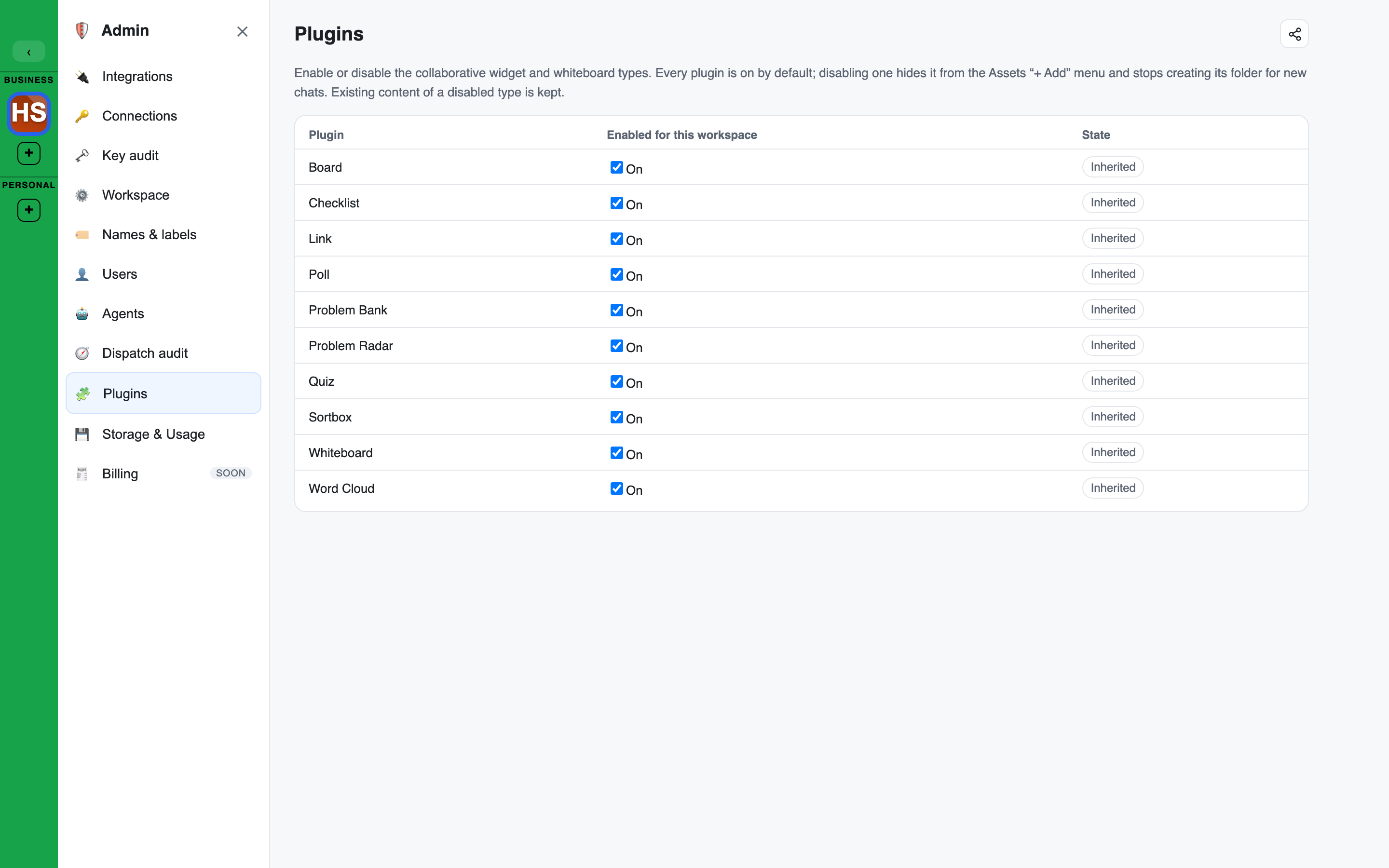 the Admin Plugins page with widget types toggled on and off
