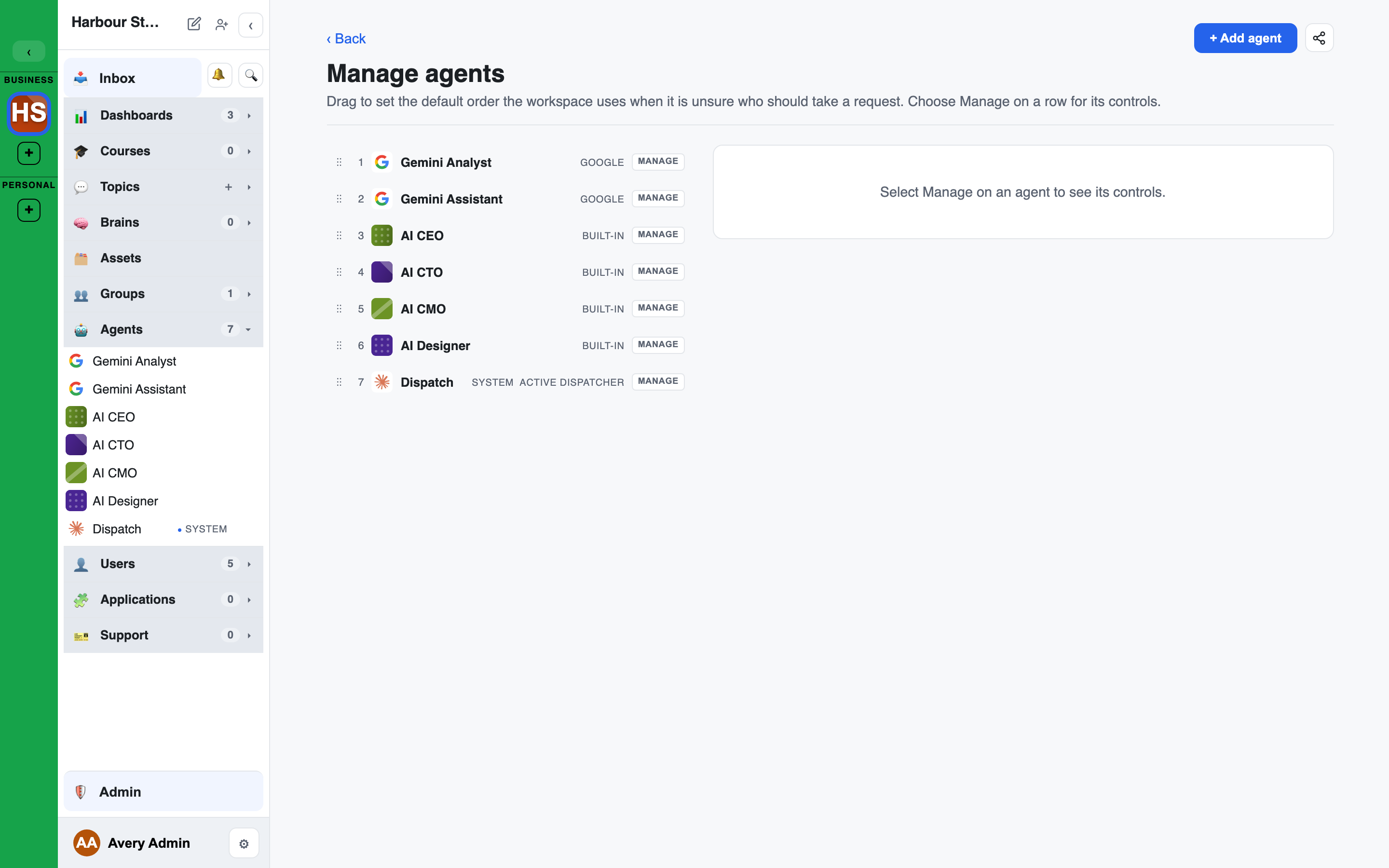 The Manage Agents page