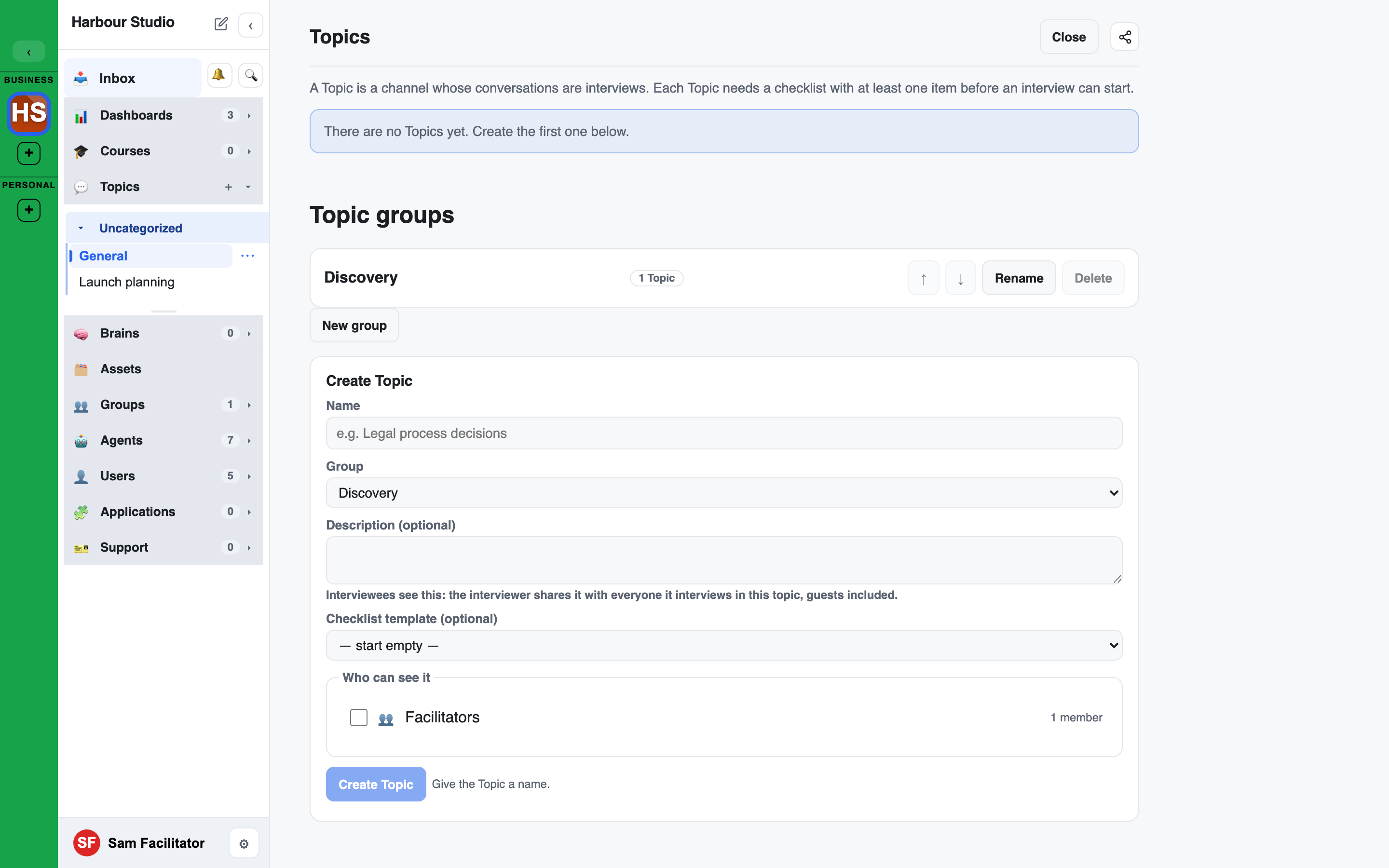 the Topics page: each Topic with its group and a Checklist button