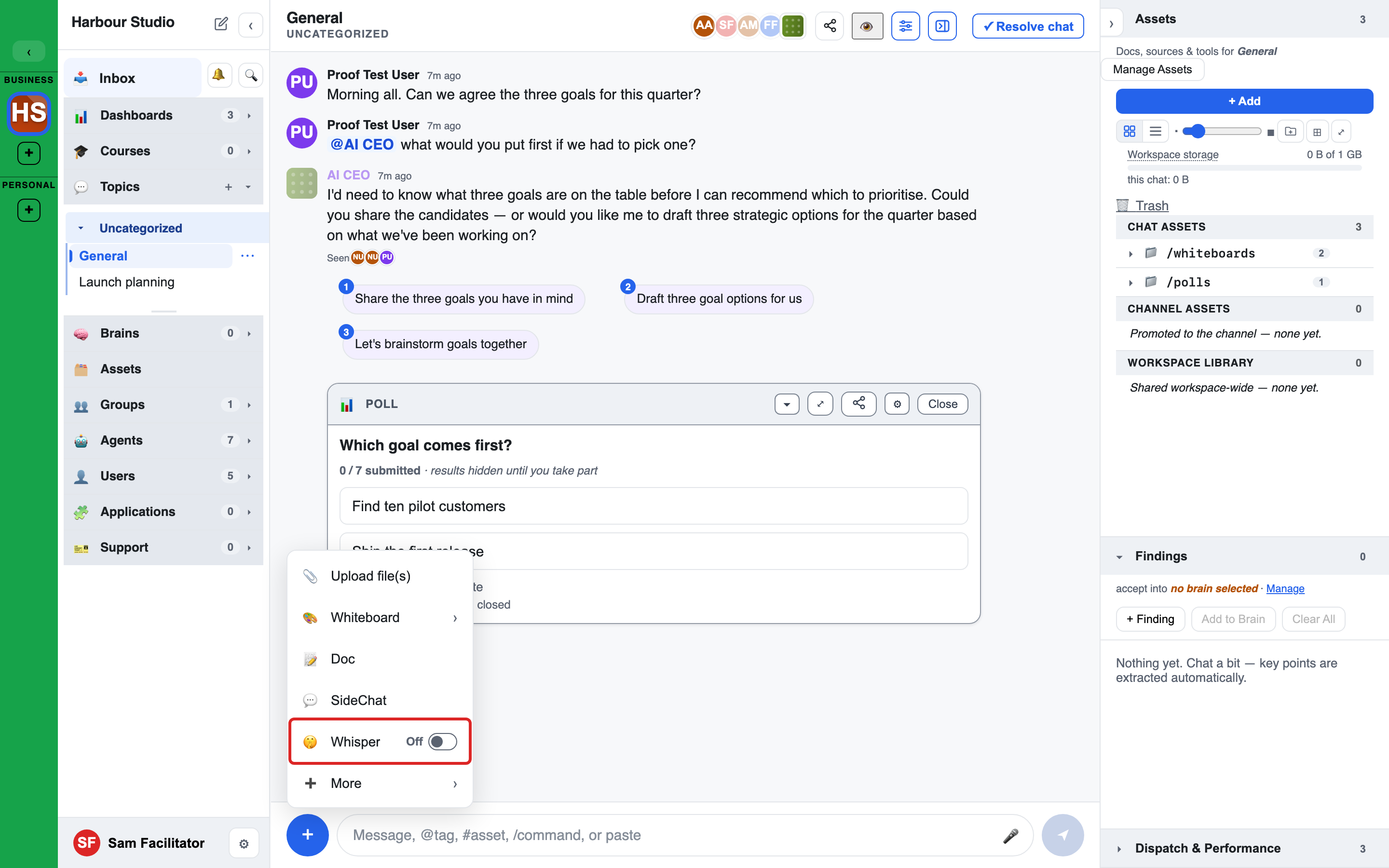 The + menu with Whisper