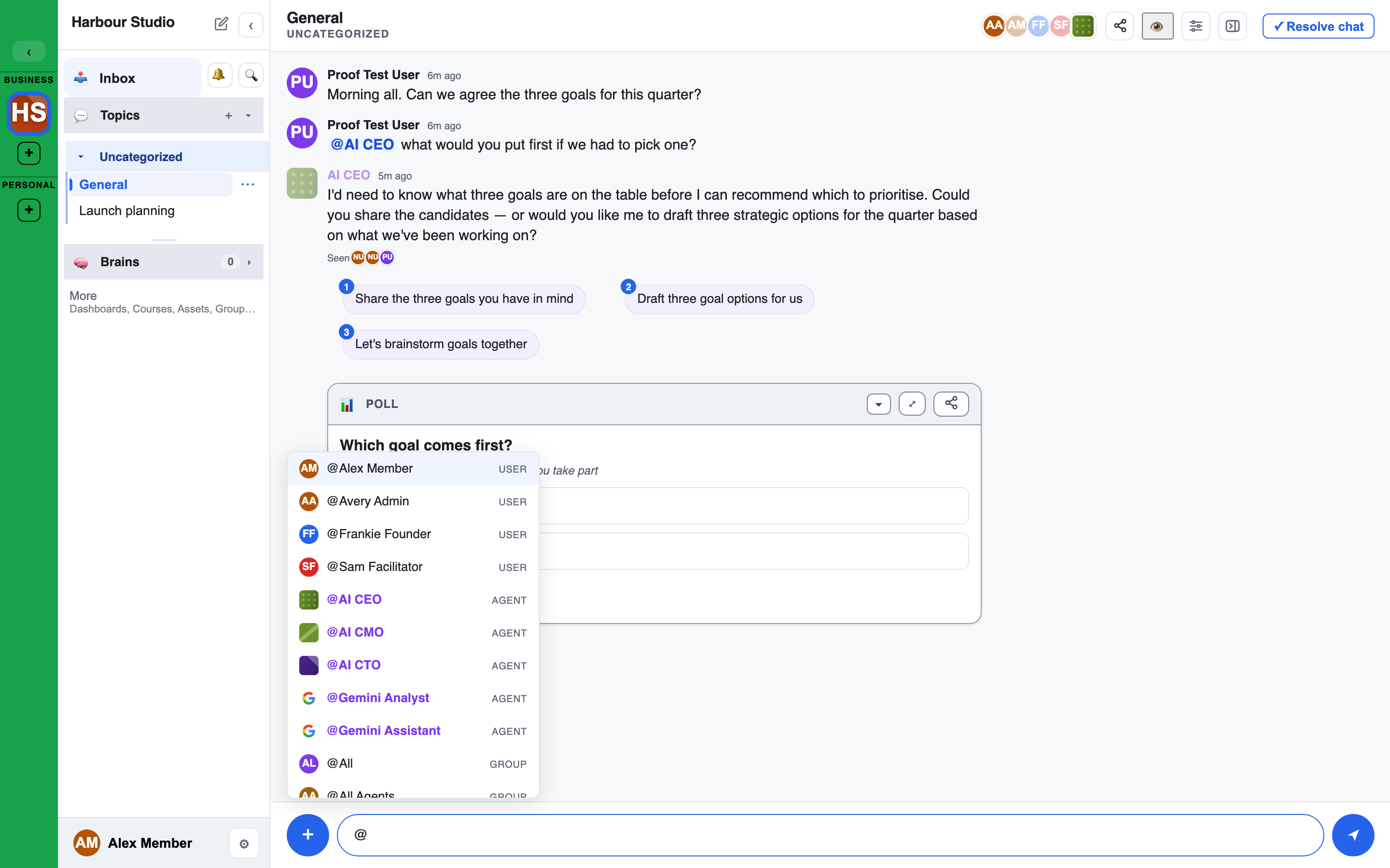 the @ picker showing people, agents and Brains