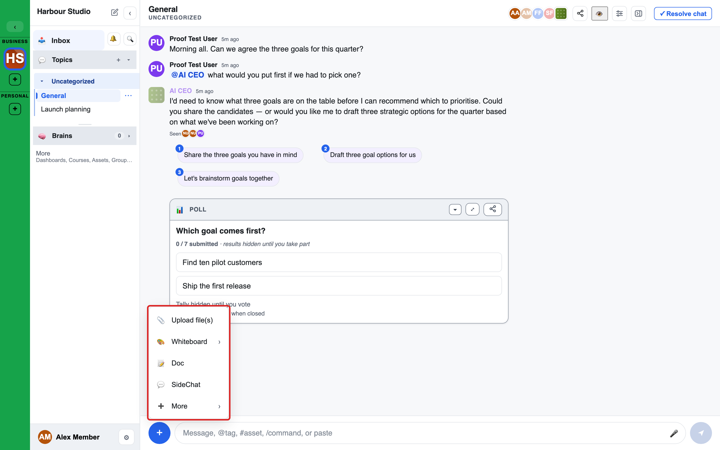 the + menu: Upload file(s), Whiteboard, Doc, then more