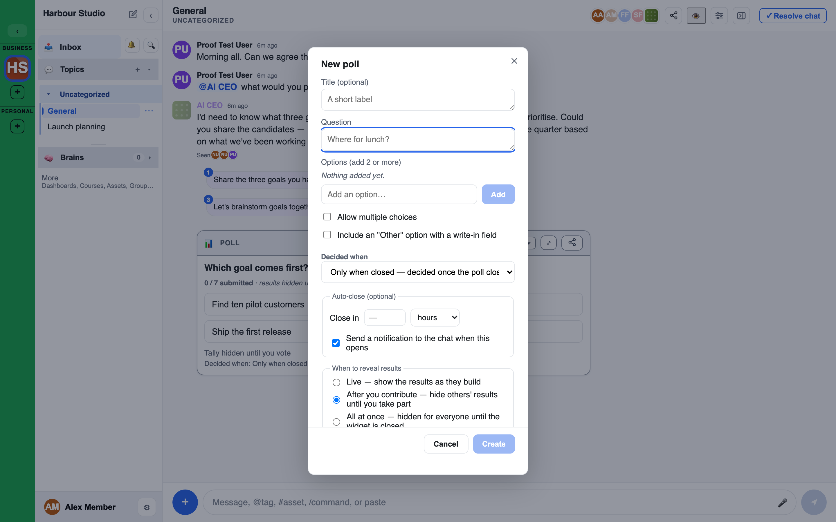 the New poll setup panel with options, auto-close, and reveal policies