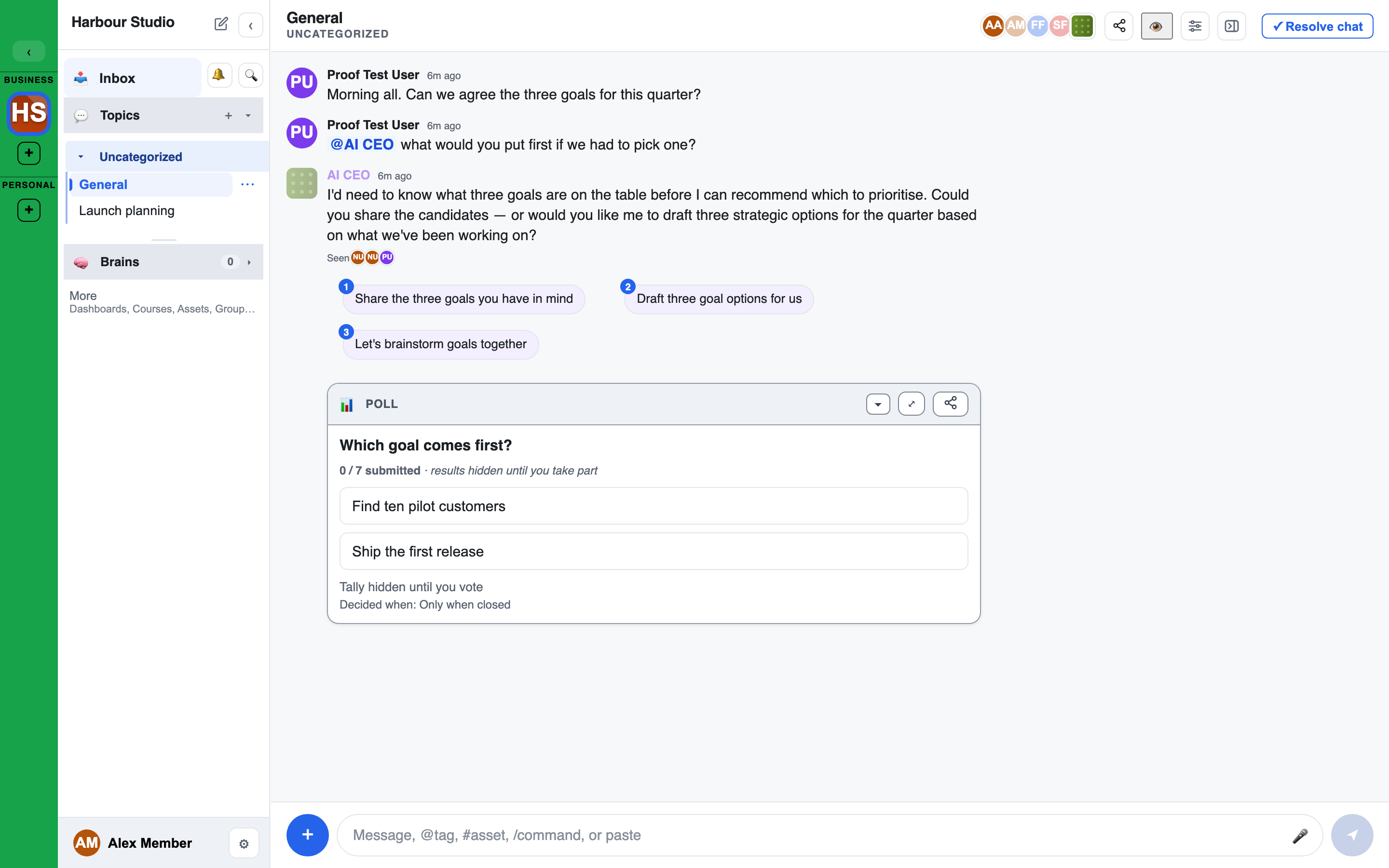 a live poll rendered in the chat timeline