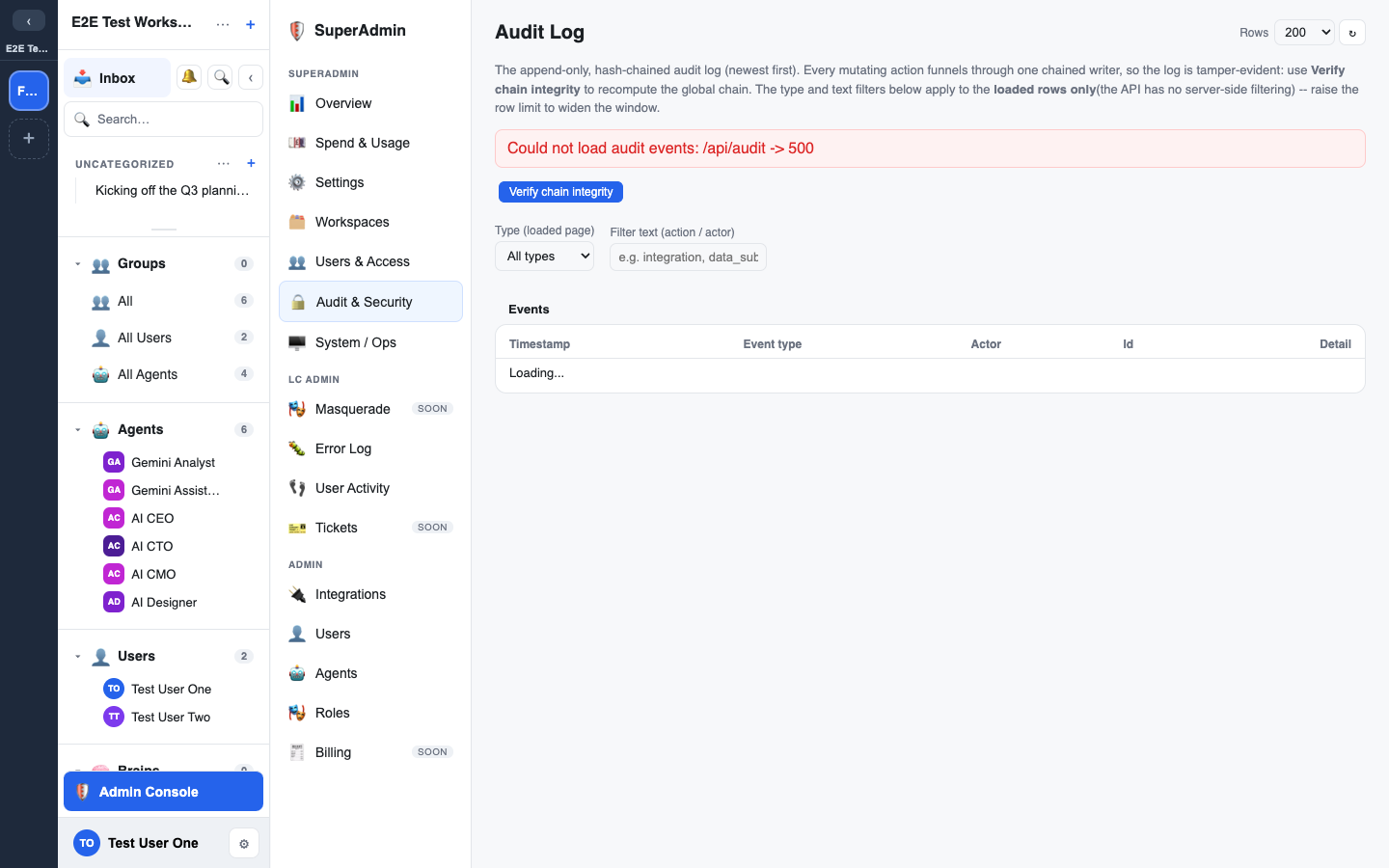 the Audit page with the "verify chain" result