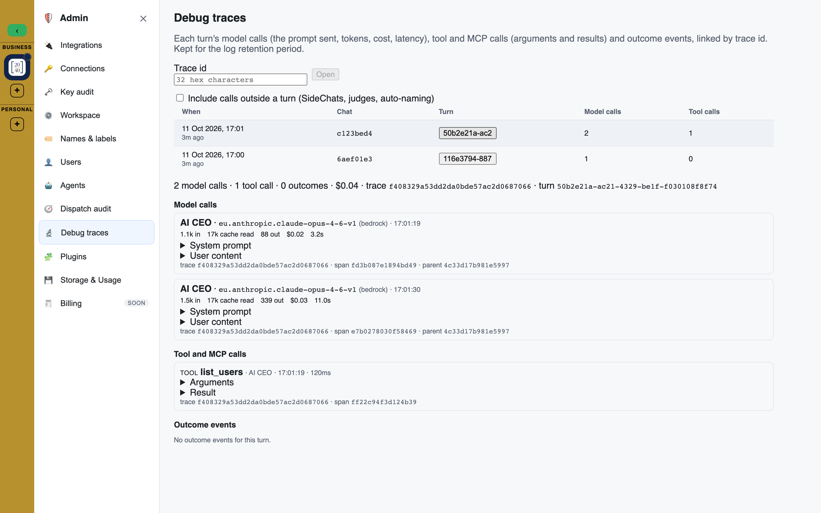 The Debug traces page with a turn open