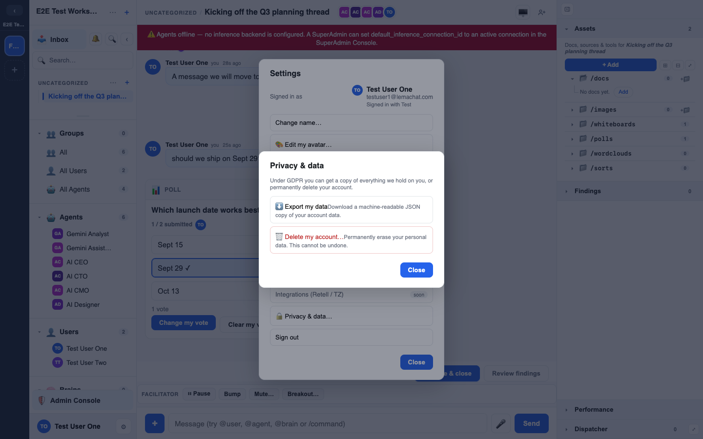 the user-facing export/erase controls in Settings