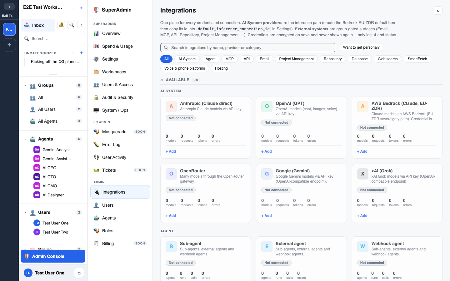 the Integrations tile catalogue in the Admin console