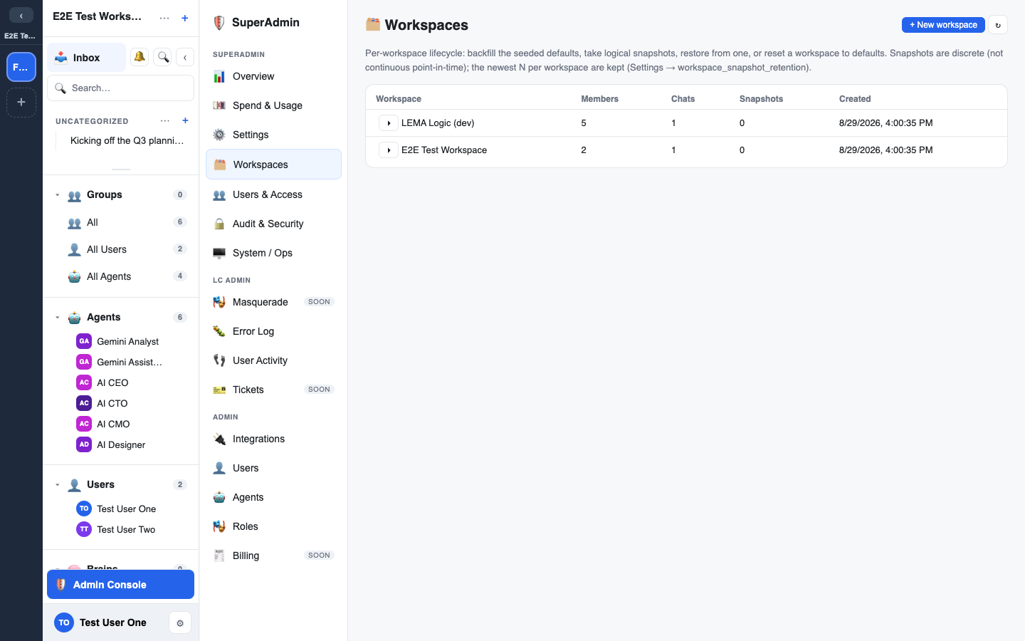 the workspace lifecycle panel — Snapshot now, the snapshots table, and Reset to defaults