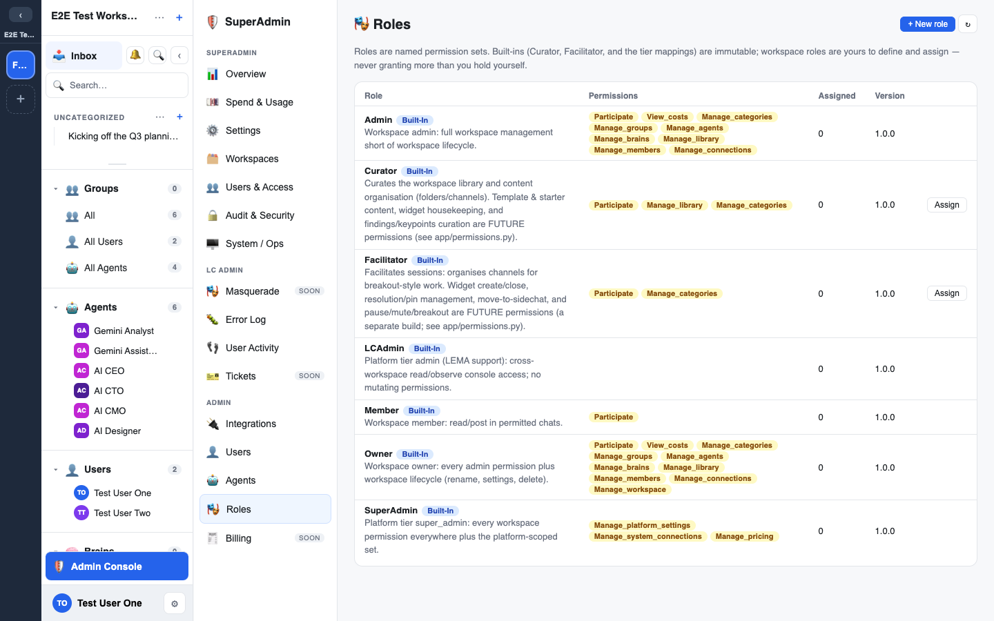 the Roles page — role list, the permission-checkbox editor, and the assign panel