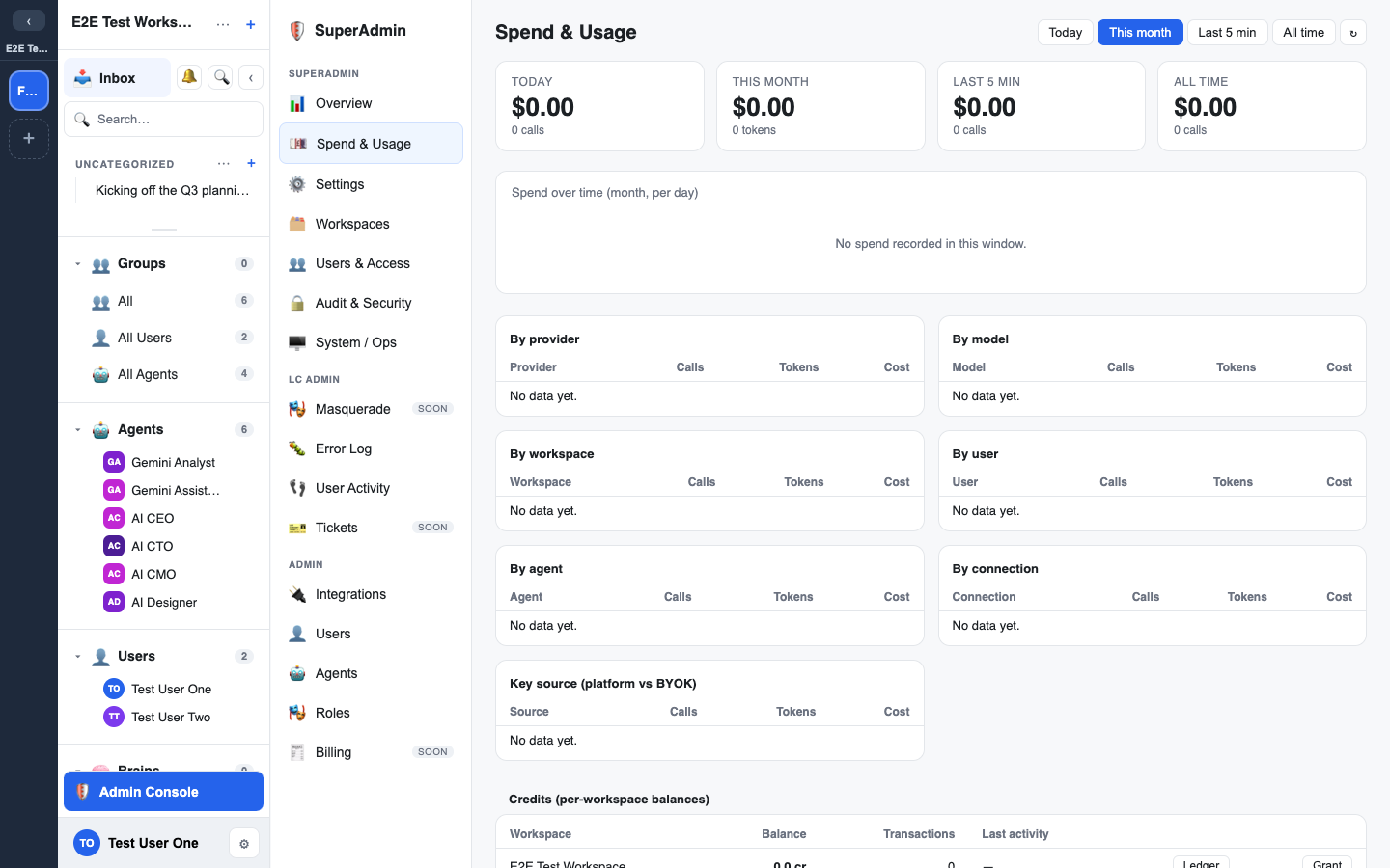 the Spend page — totals, trend, and recent usage