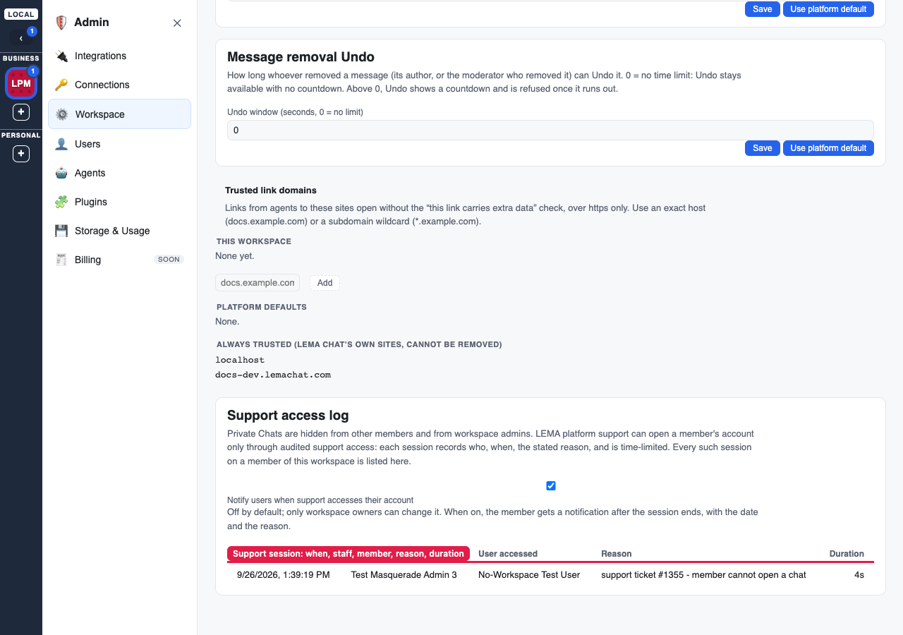 the Support access log and the notify setting