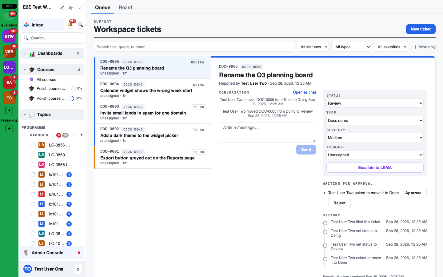 A ticket manager's view of a ticket with a move request under Waiting for approval, with Approve and Reject