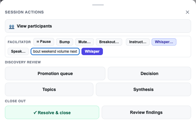 the session actions sheet: Instruct, Whisper and Speak, and Discovery review