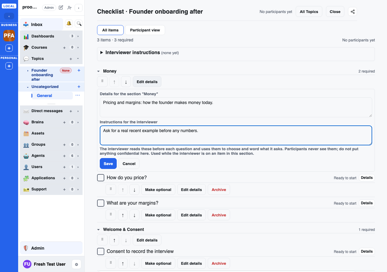 a section header in the checklist with its Edit details form open