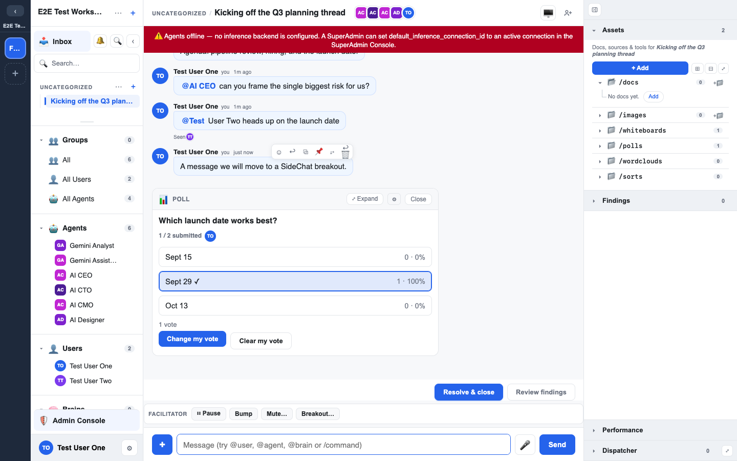 a message's "Move to SideChat" action, and the resulting linked child chat