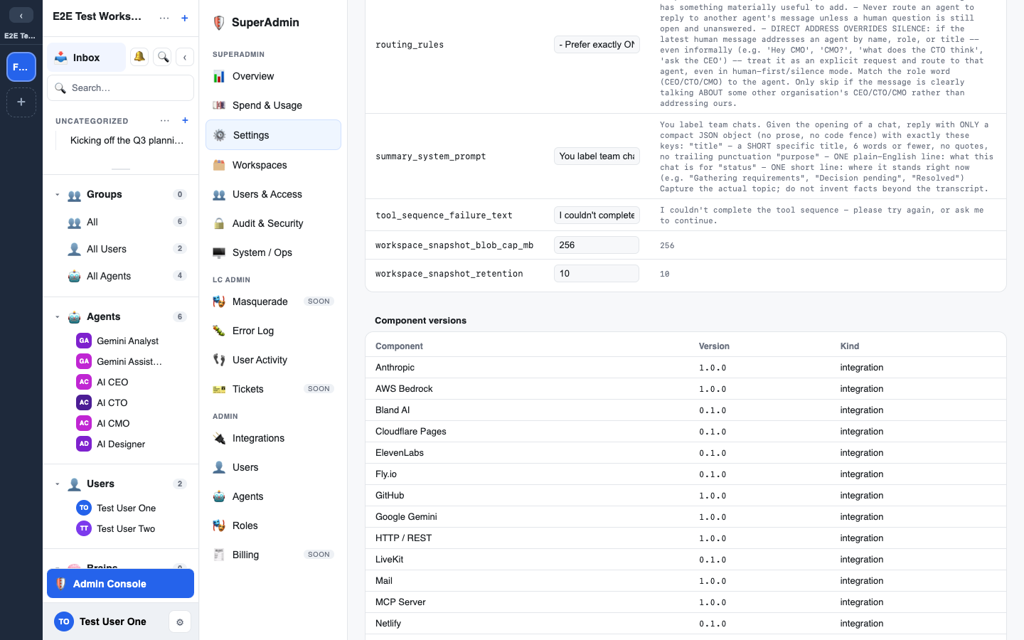 the plugin/component versions table on the Settings page