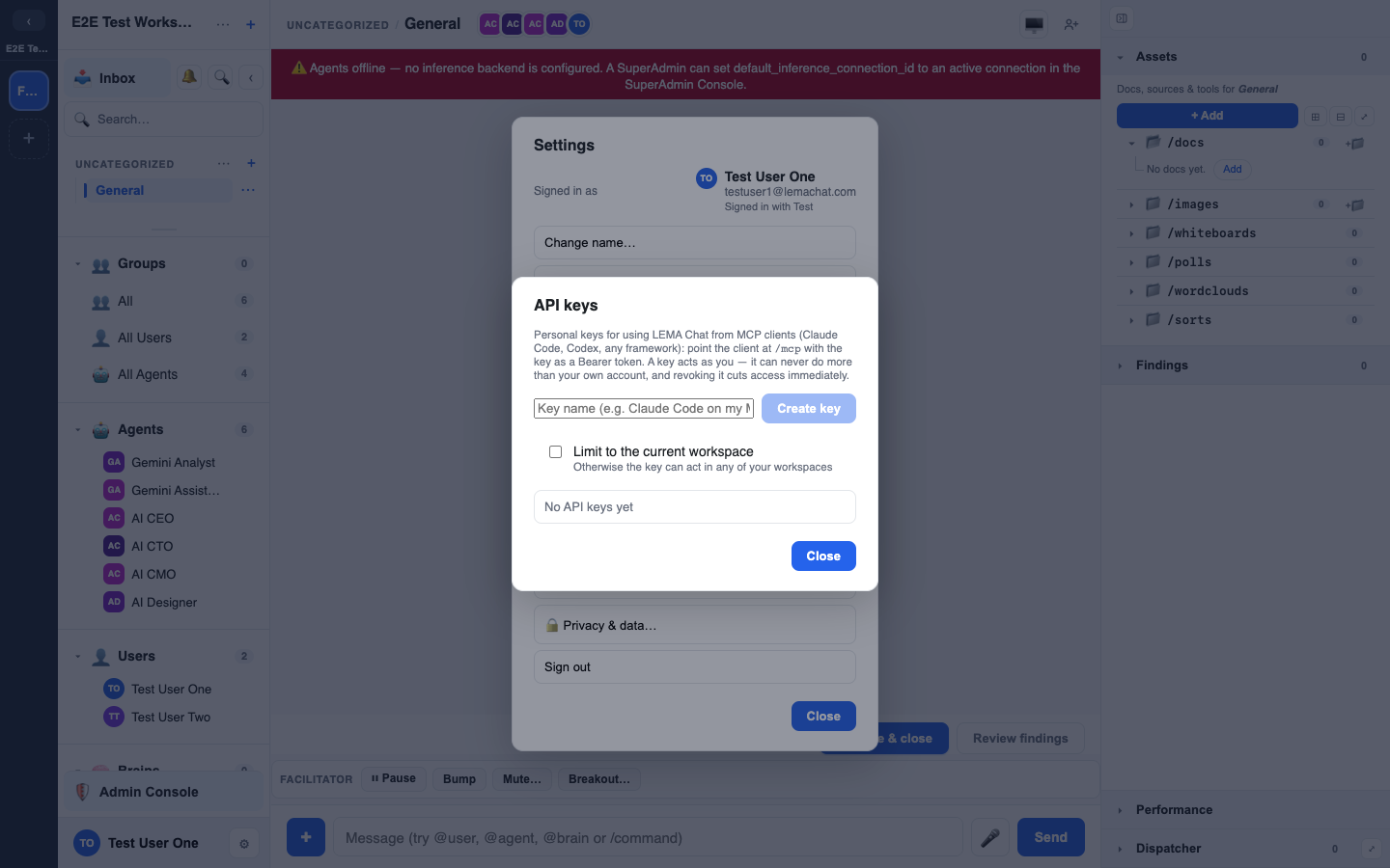 Settings → API keys, with a freshly created  key