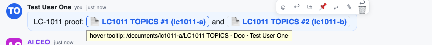 two asset chips in a message, with the hover showing the path, kind and owner