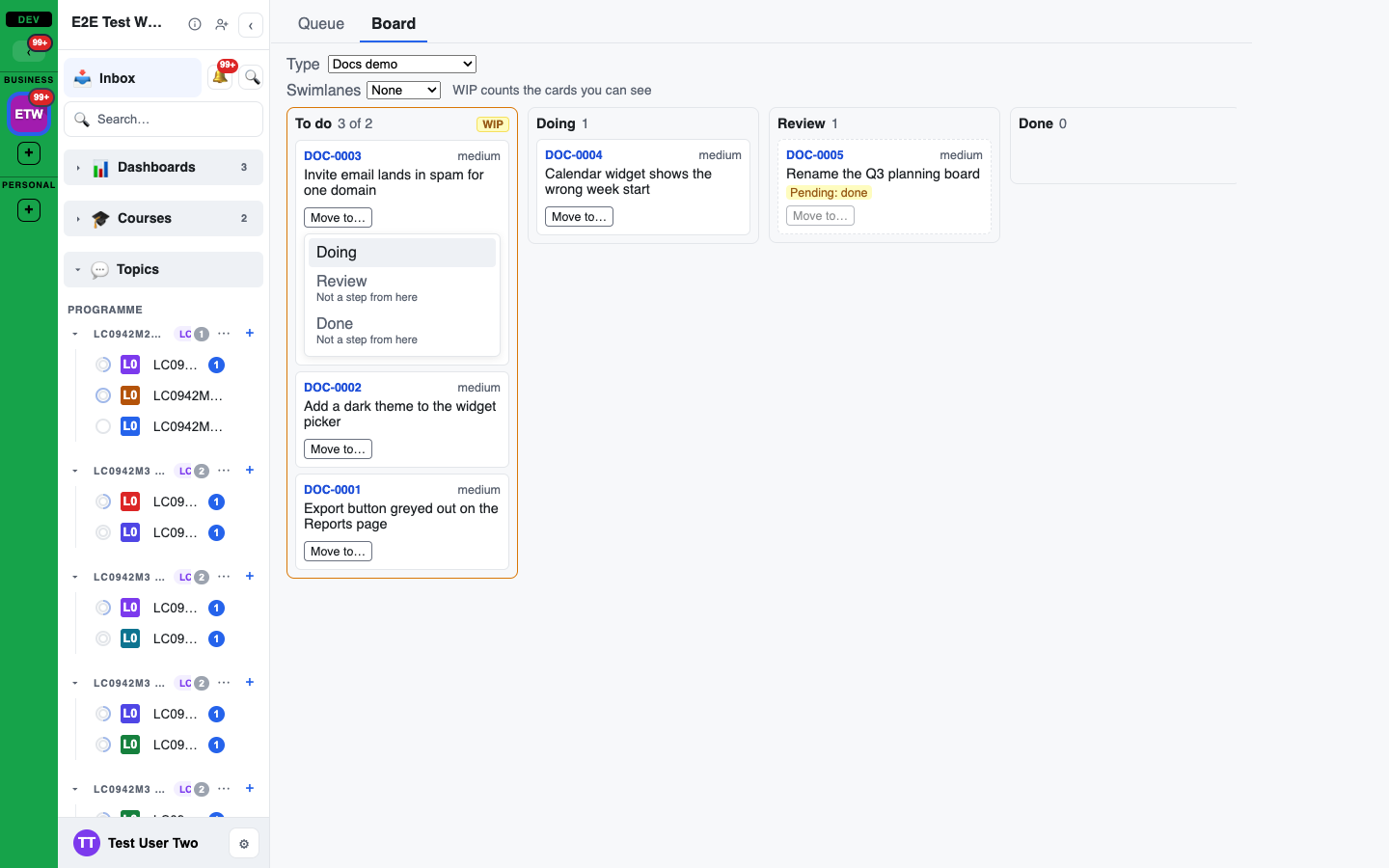 The Move to menu on a card: Doing is available; Review and Done are listed as "Not a step from here"