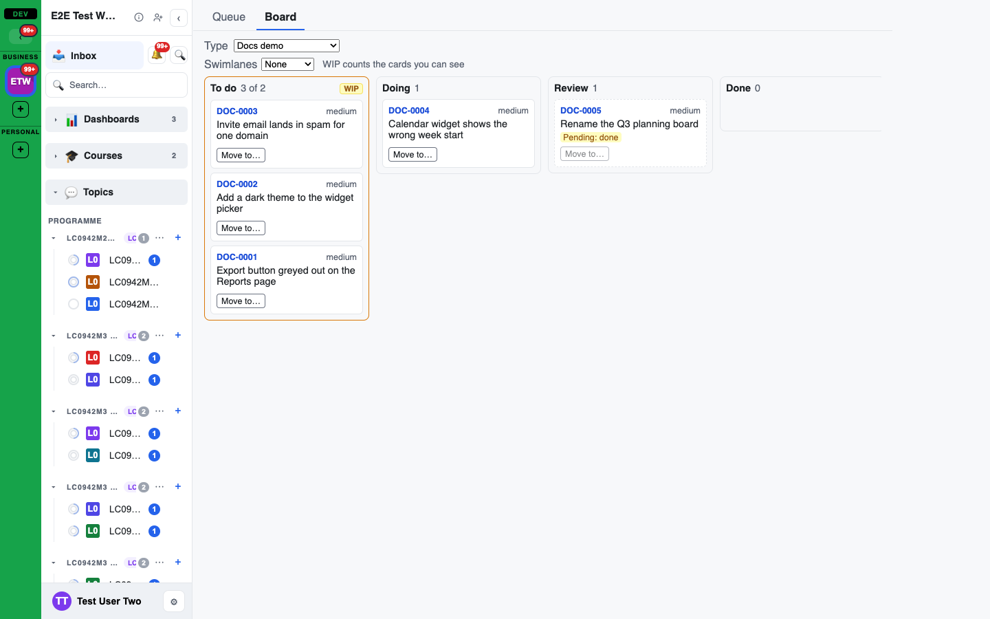 Support > Board for one ticket type: To do is over its WIP limit (3 of 2), and a card in Review shows a Pending: done badge