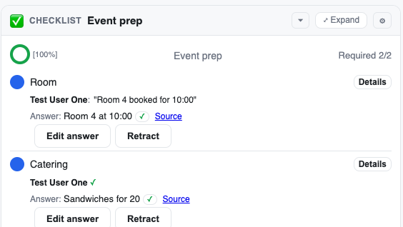 a checklist in a conversation, with its progress ring, ticked items and their Answers