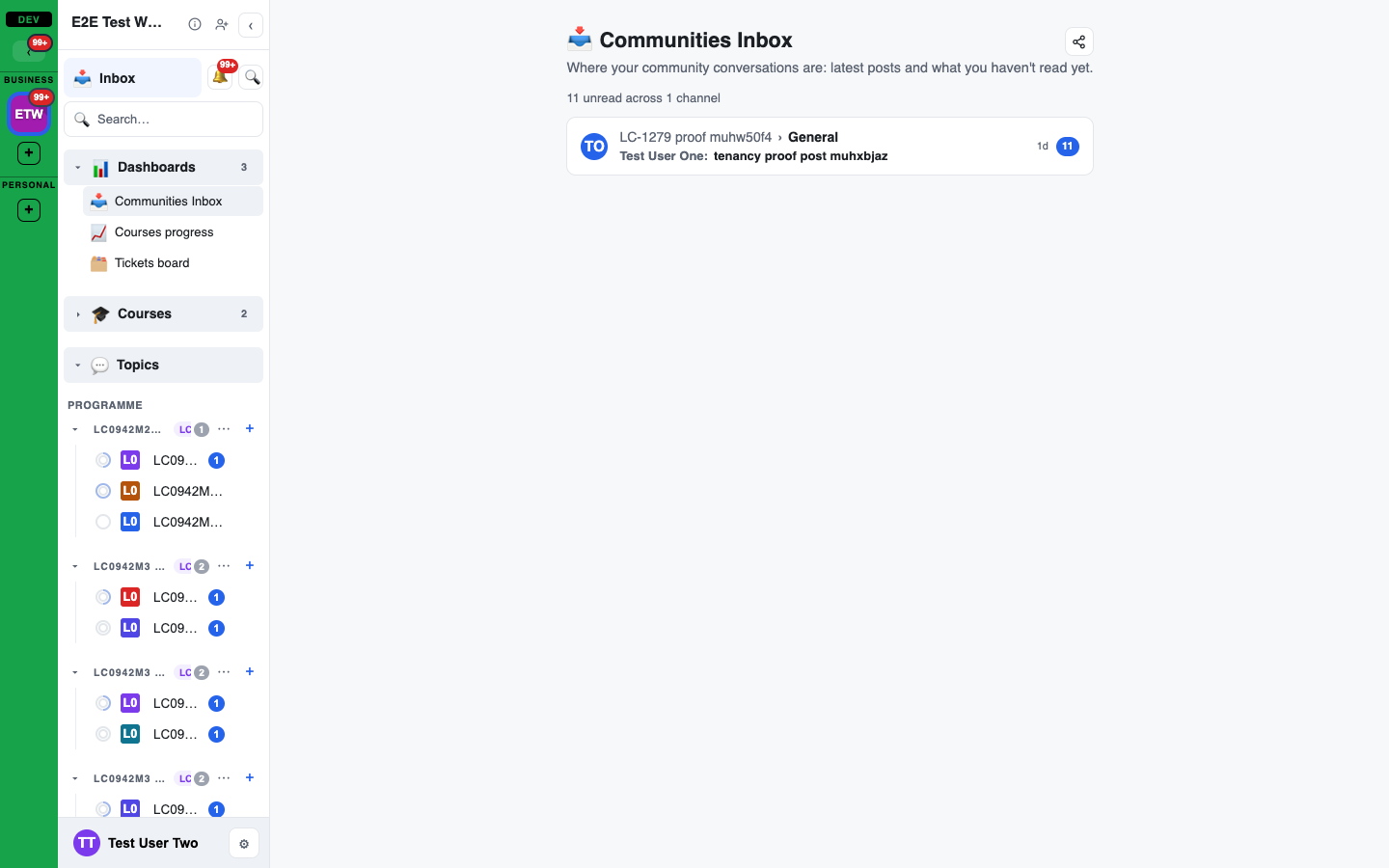 The Communities Inbox dashboard: one row per community channel with the latest author, Community › Channel, a preview of the latest post, when it happened, and an unread count
