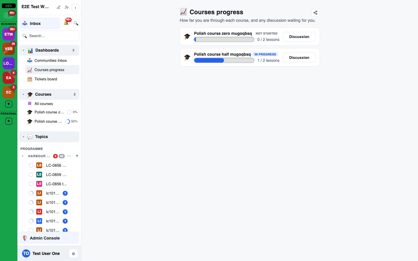 The Courses progress dashboard: one row per course with a progress bar, lessons completed, a status label, and a Discussion button