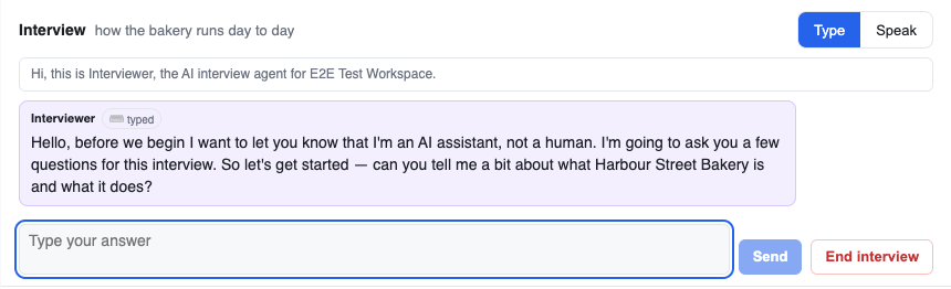 a typed interview: the AI notice, the first question and the answer box