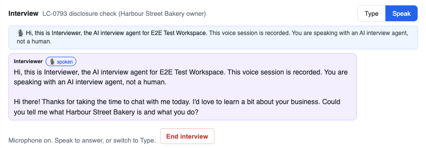 a voice interview: the recording notice, the spoken opener and End interview