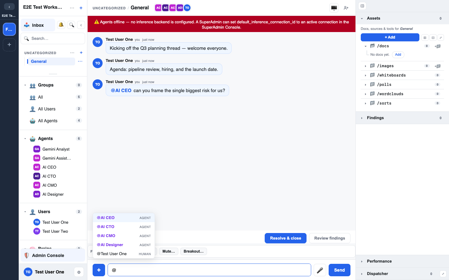 the @mention menu showing people, agents, and Brains