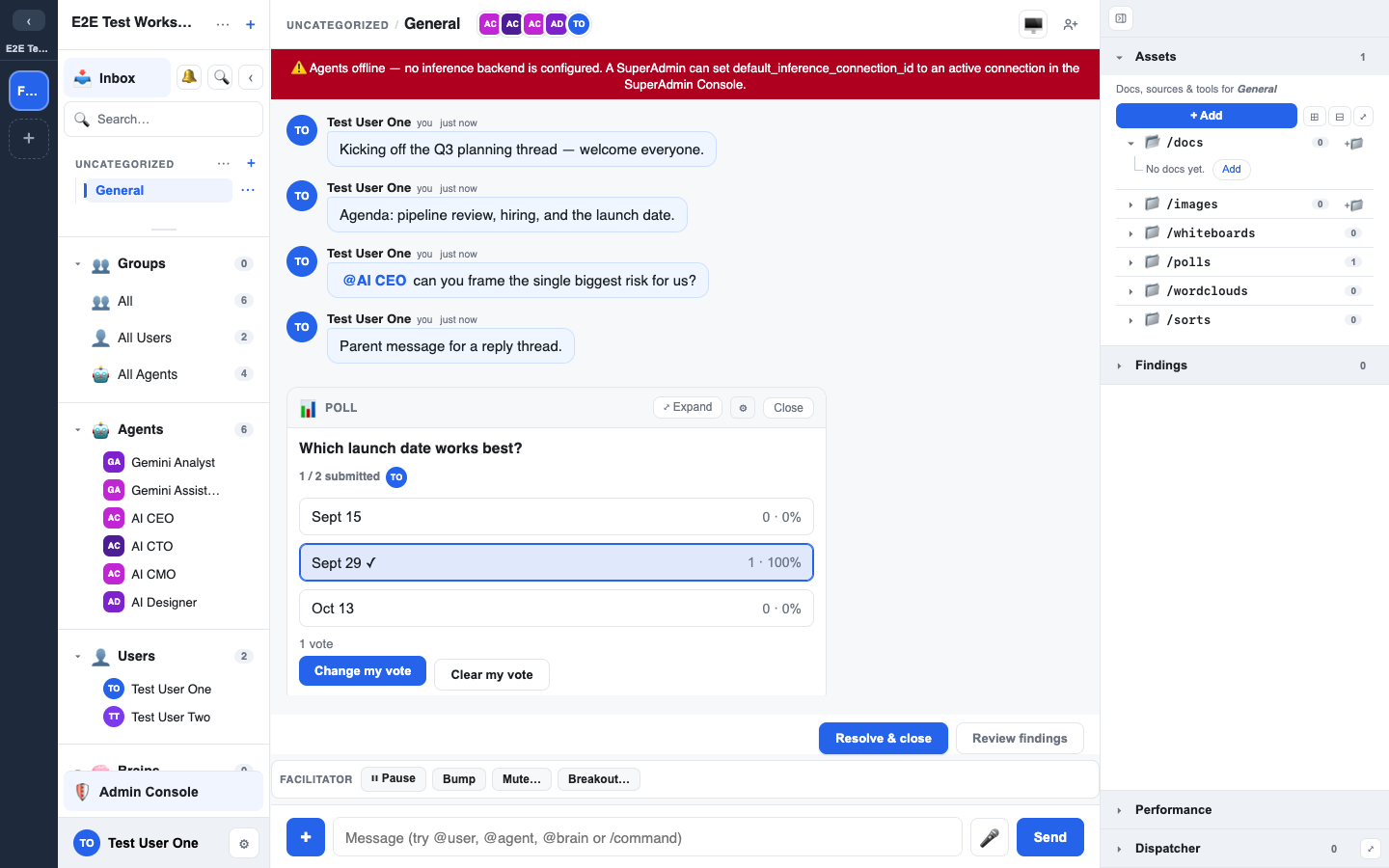 the poll setup panel and a live poll rendered in the timeline