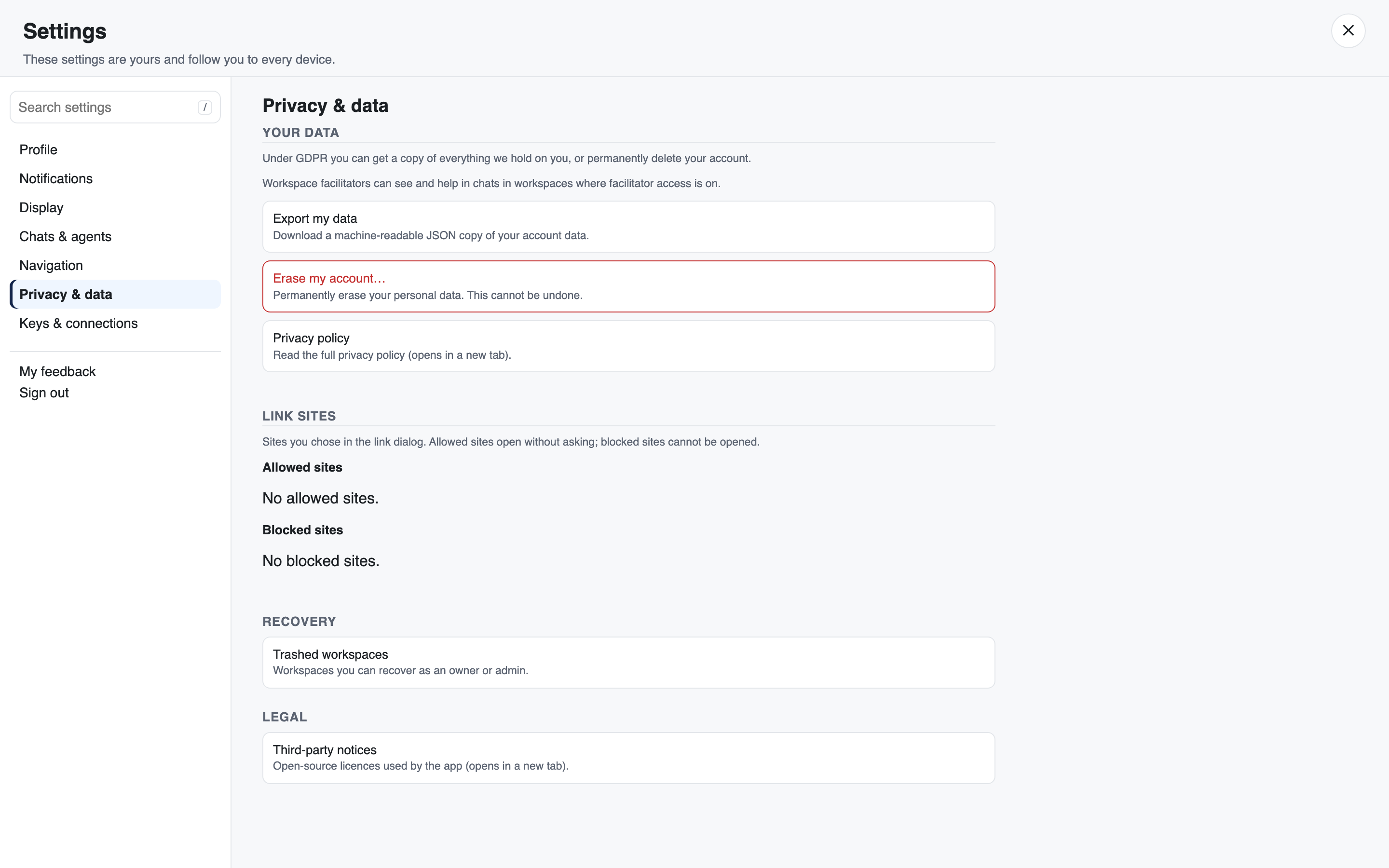 Settings > Privacy & data with the Link sites lists