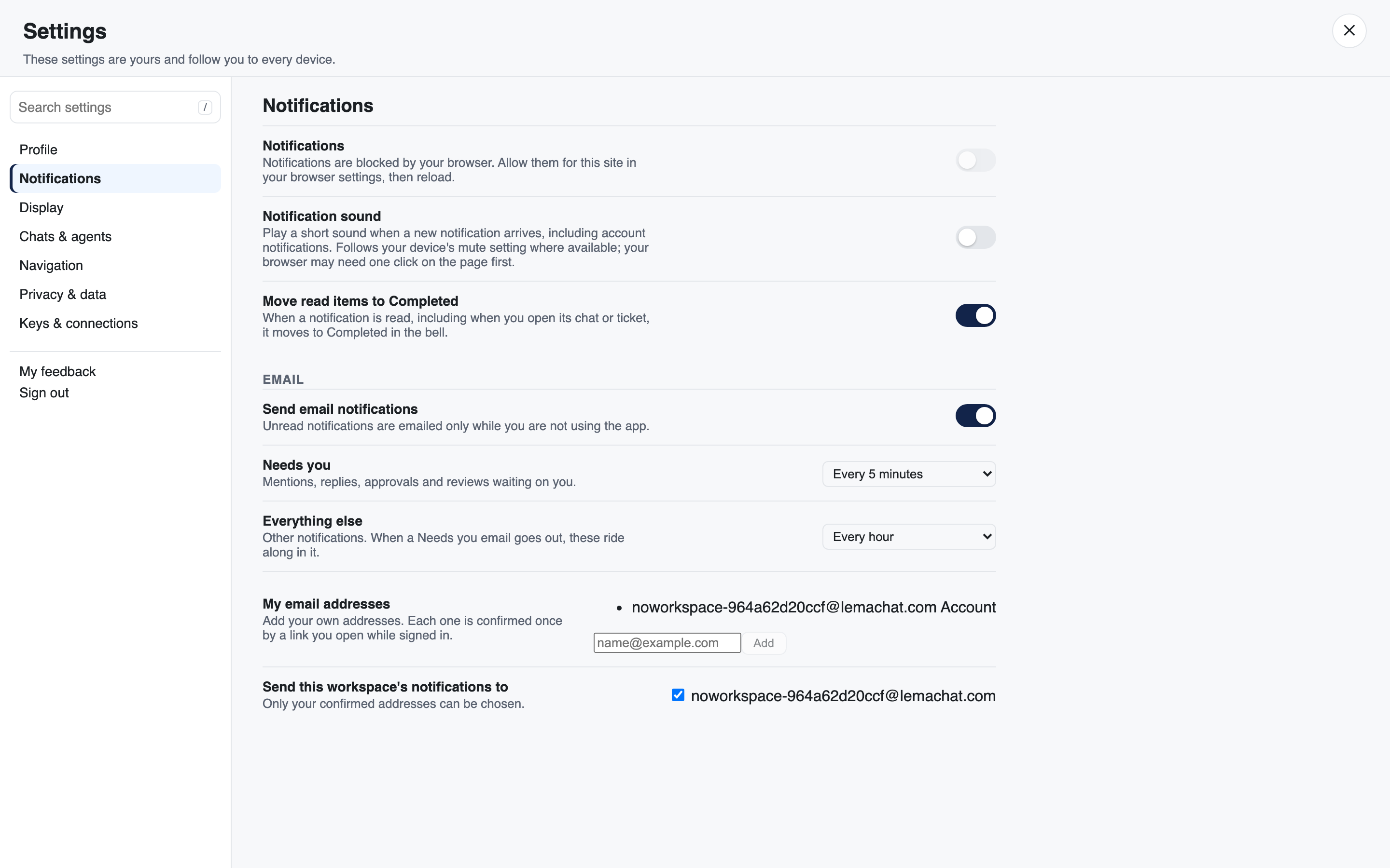 Settings > Notifications: the notification switch, sound and email choices