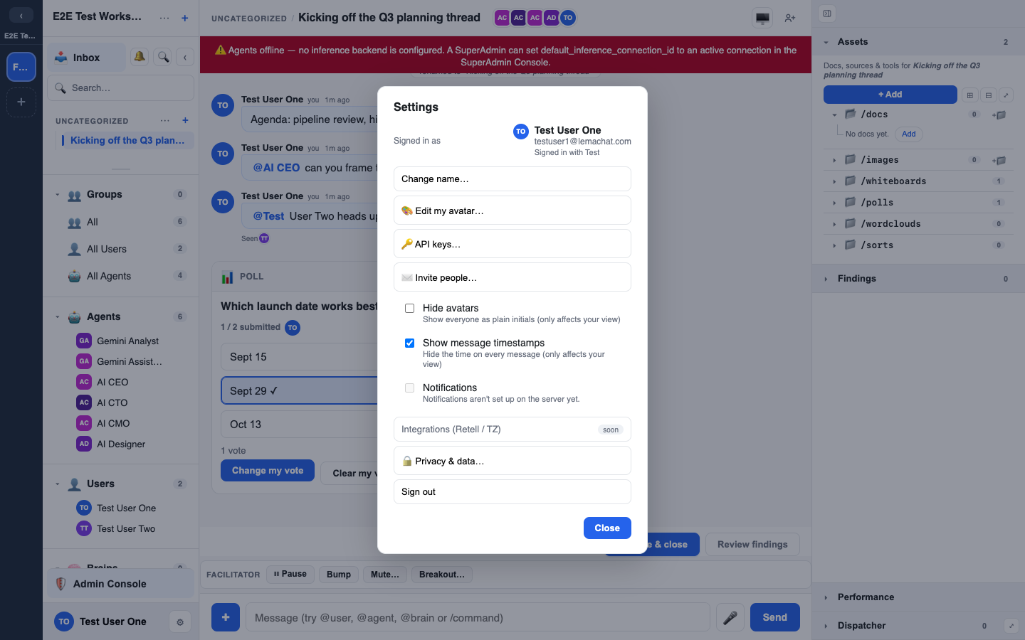 the Settings modal