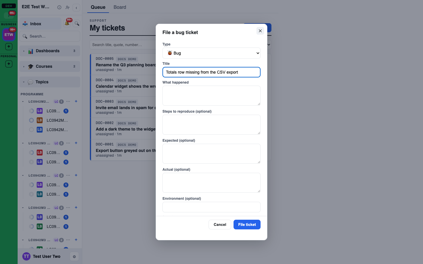 The File a bug ticket form: the Type picker set to Bug, with the bug's Expected, Actual and Environment fields